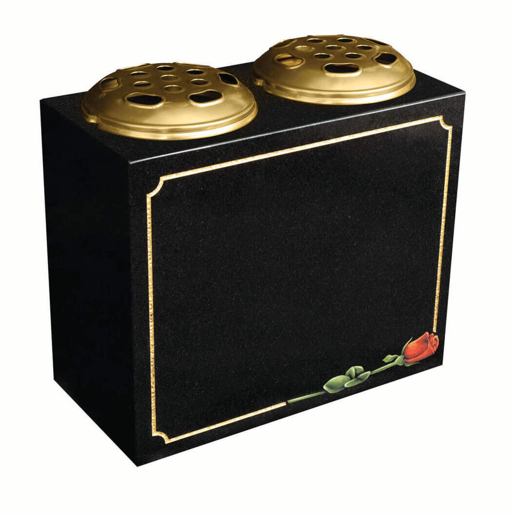 0/258G · Black granite vase with two flower containers and rose design — cremation memorials