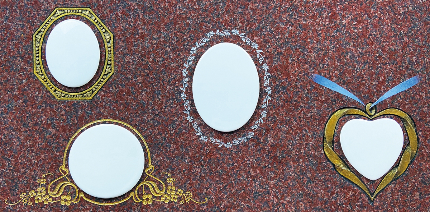 Shown on Ruby Red Granite: Octagonal Oval Plaque, Routh Round Plaque, Floral Oval Plaque, Locket Heart Plaque — Sandblast Frames