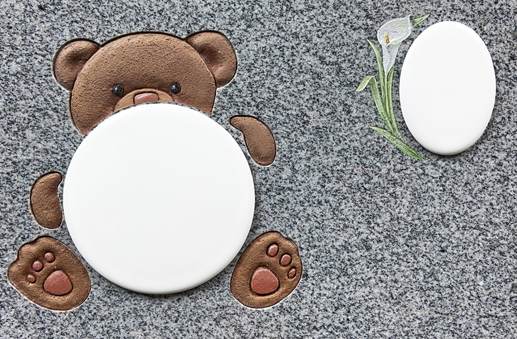 Shown on Sera Grey Granite: Teddy Round Plaque, Lily Oval Plaque — Sandblast Frames