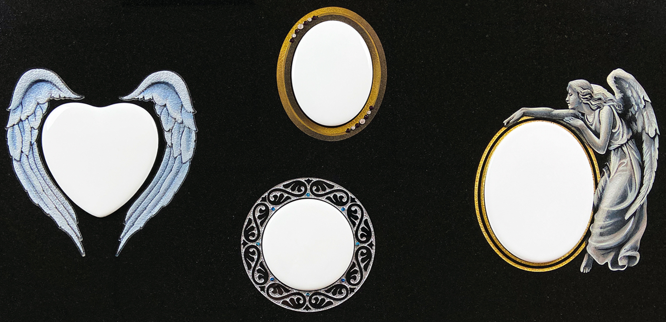 Shown on Black Granite: Wings Heart Plaque, Sparkle Oval Plaque, Celtic Fern Round Plaque, Angel Oval Plaque — Sandblast Frames