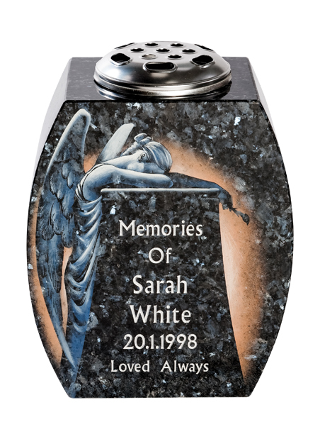 0/247G · Barrel sided vase, with Angels lament design in Blue Pearl granite — cremation memorials
