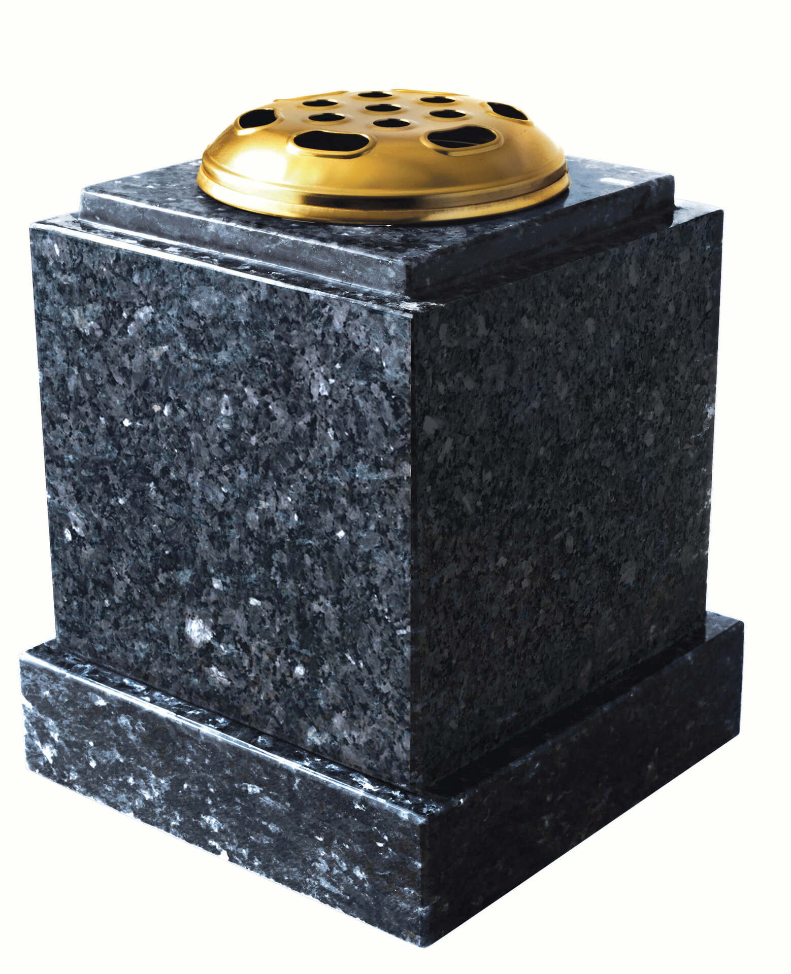 Square vase with checked top and base in Blue Pearl granite — cremation memorials