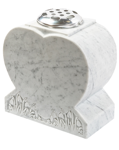 0250/G · White Marble heart vase with snowdrops, familiar from springtime walks, symbolising hope — cremation memorials
