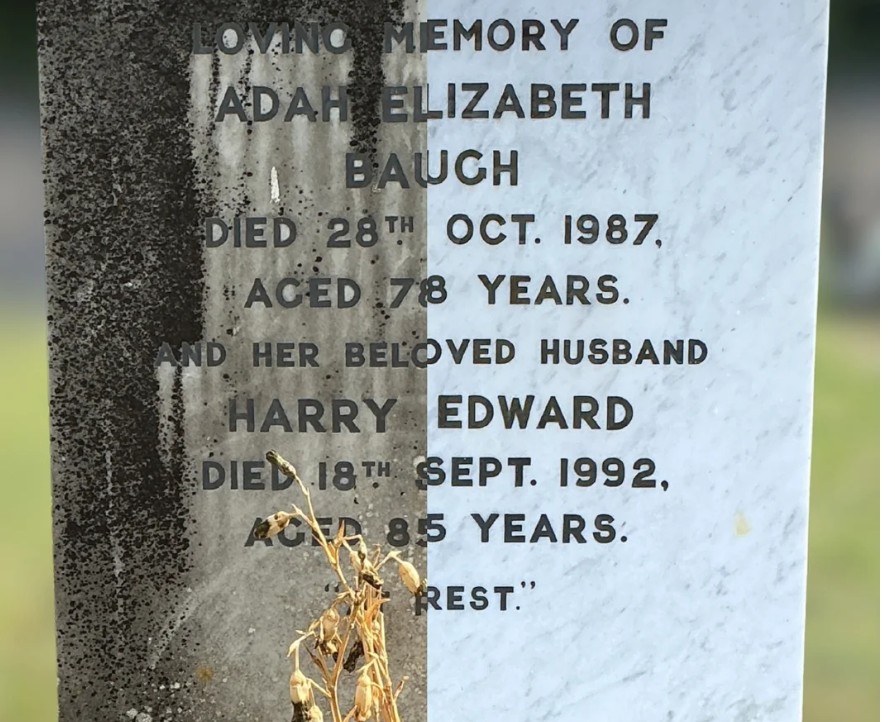 A headstone half cleaned, showing the difference our care makes