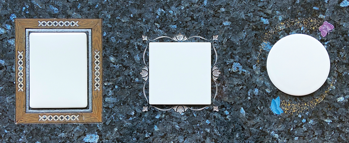Shown on Blue Pearl Granite: Wooden Rectangle Plaque, Lotus Square Plaque, Butterfly Round Plaque — Sandblast Frames