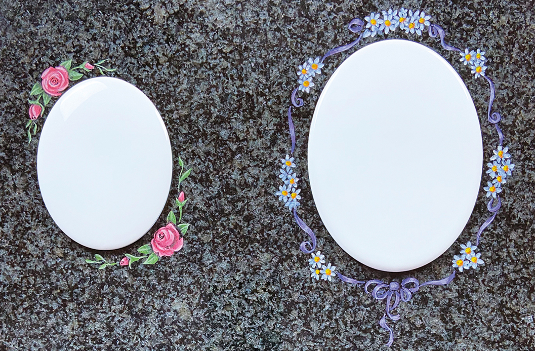 Shown on South African Dark Grey Granite: Roses Oval Plaque, Daisy Oval Plaque — Sandblast Frames