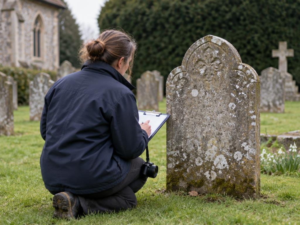 Technician recording a memorial’s condition during a condition report visit
