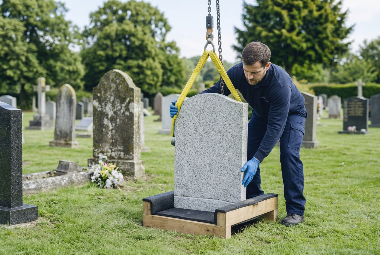 Careful headstone handling with a padded transport cradle