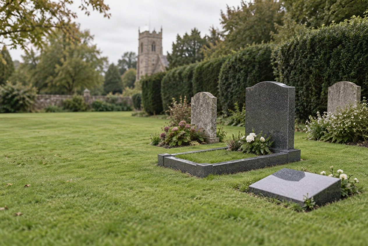 Illustrative granite headstone with a matching kerbset and a low lawn headstone