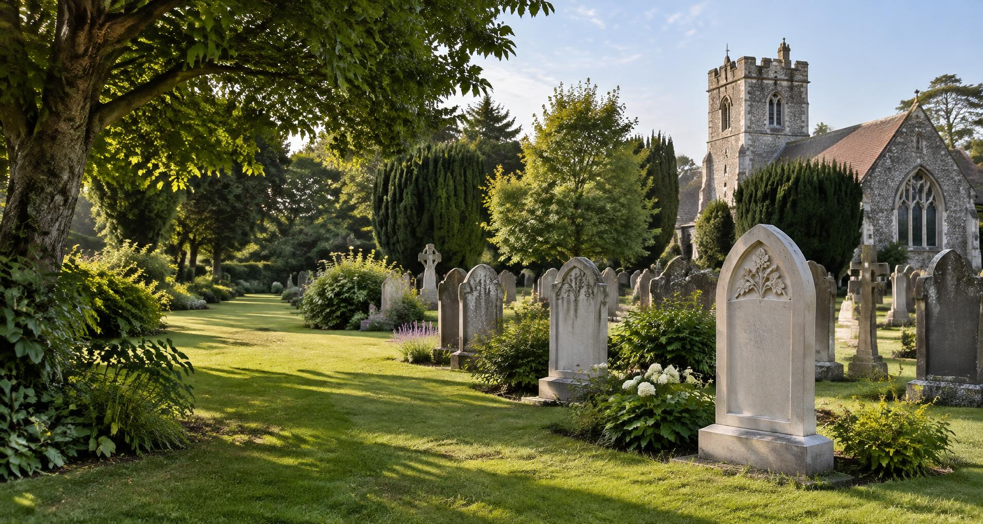Stone memorials and mature trees beside a traditional English church