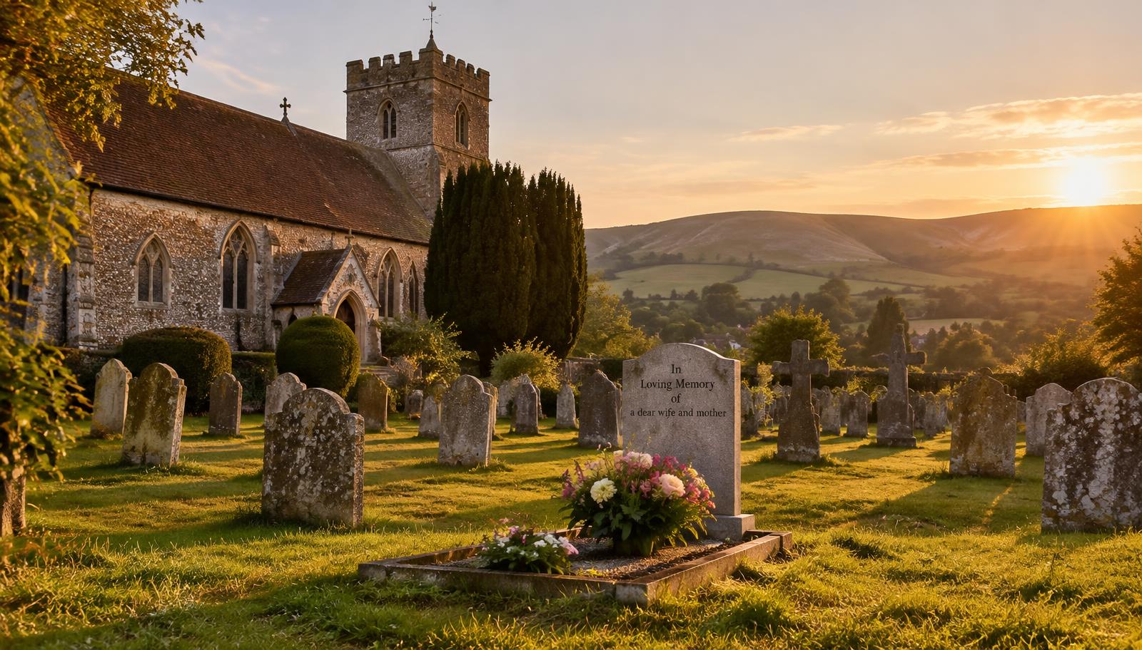 A Sussex churchyard at golden hour beneath the South Downs